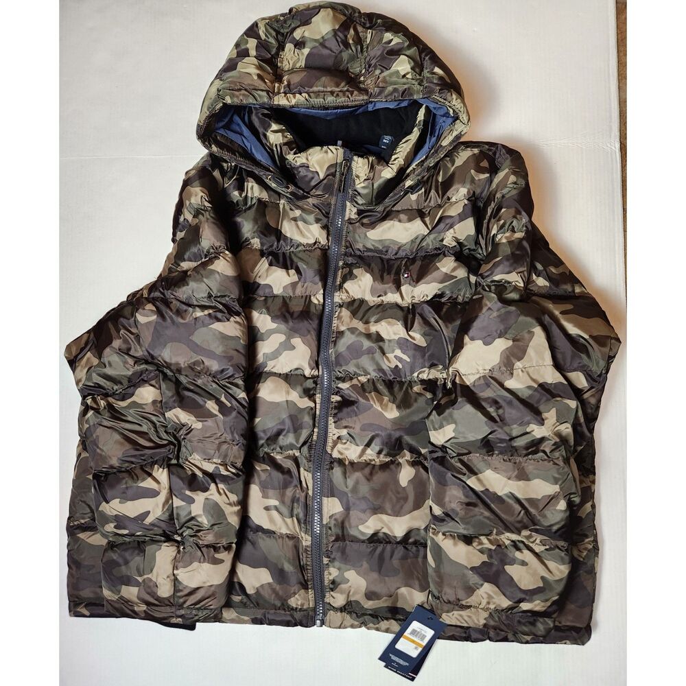 Tommy Hilfiger Water & Wind Resistant Hooded Puffer Jacket Men's 3XL Green Camo